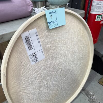 EX STAGING - BEIGE ROUND CERAMIC TABLE TOP, SOME CHIPS, SOLD AS IS EX STAGING - BEIGE ROUND CERAMIC TABLE TOP, SOME CHIPS, SOLD AS IS