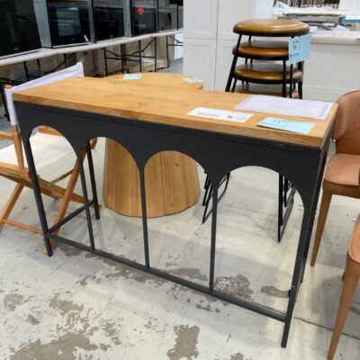 EX STAGING - TIMBER HALL TABLE, BLACK METAL ARCHED FRAME, SOLD AS IS EX STAGING - TIMBER HALL TABLE, BLACK METAL ARCHED FRAME, SOLD AS IS