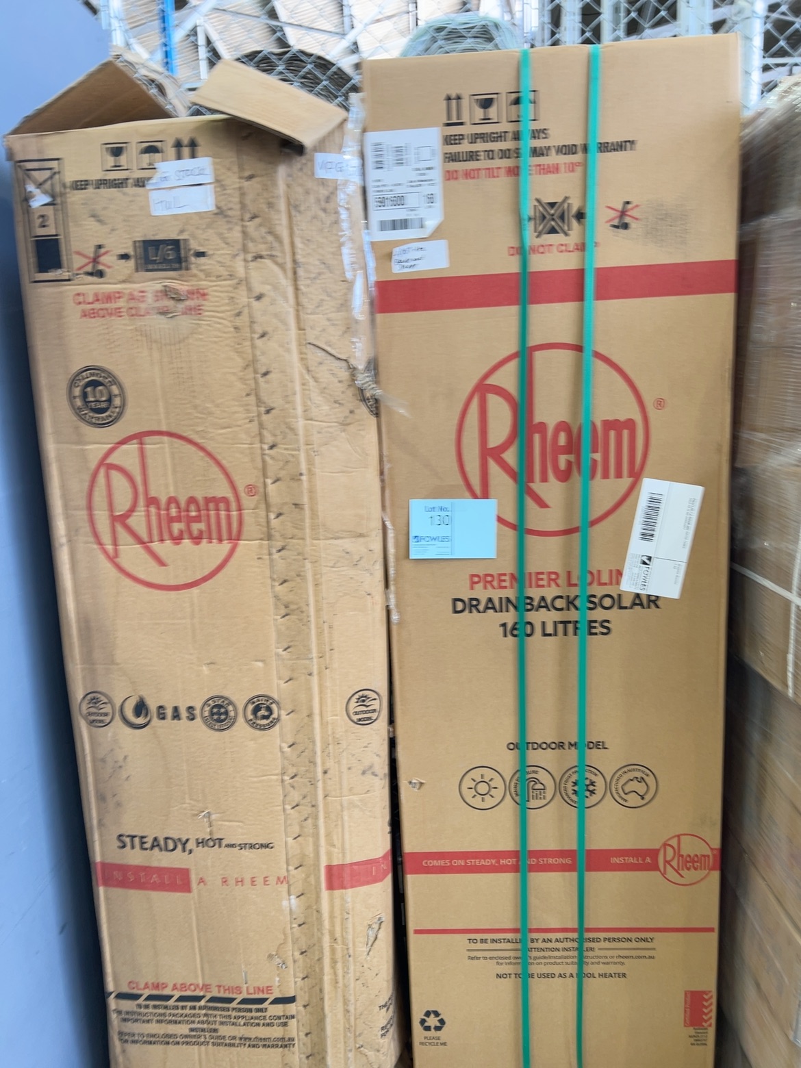 PALLET OF 2 X RHEEM HOT WATER TANKS, SOLD AS IS NO WARRANTY PALLET OF 2 X RHEEM HOT WATER TANKS, SOLD AS IS NO WARRANTY