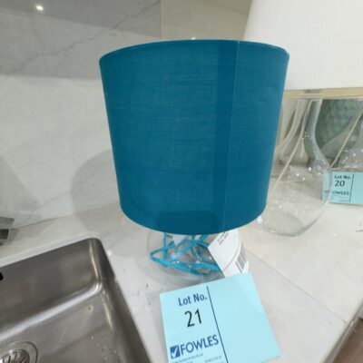 EX STAGING TEAL AND GLASS TABLE LAMP WITH SHADE, SOLD AS IS EX STAGING TEAL AND GLASS TABLE LAMP WITH SHADE, SOLD AS IS