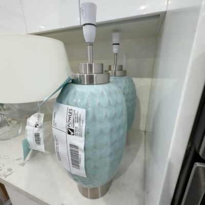 EX STAGING LIGHT BLUE LAMP BASE WITH BRUSHED CHROME DETAIL, SOLD AS IS EX STAGING LIGHT BLUE LAMP BASE WITH BRUSHED CHROME DETAIL, SOLD AS IS