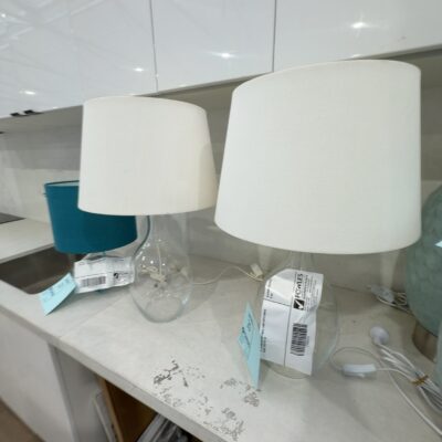 EX STAGING GLASS TABLE LAMP WITH WHITE SHADE, SOLD AS IS EX STAGING GLASS TABLE LAMP WITH WHITE SHADE, SOLD AS IS