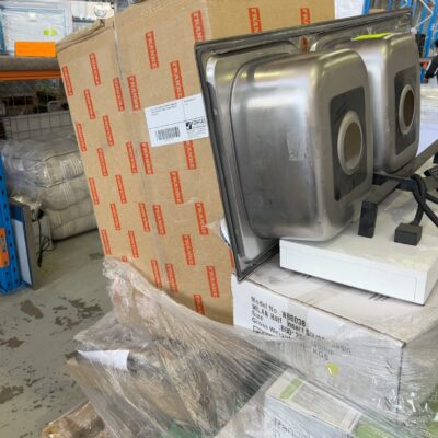 PALLET OF ASSORTED TAPWARE, RINNAI HOT WATER SERVICES, SINKS, FRANKE SINK ETC SOLD AS IS PALLET OF ASSORTED TAPWARE, RINNAI HOT WATER SERVICES, SINKS, FRANKE SINK ETC SOLD AS IS