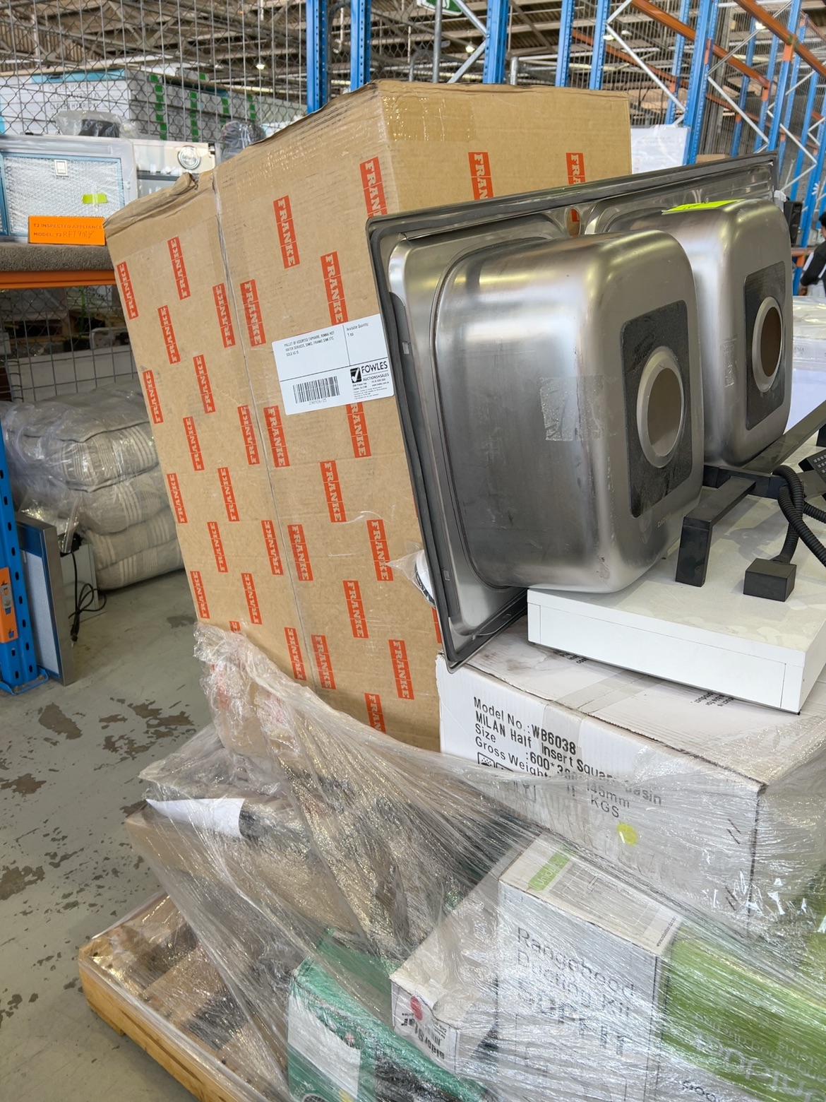 PALLET OF ASSORTED TAPWARE, RINNAI HOT WATER SERVICES, SINKS, FRANKE SINK ETC SOLD AS IS PALLET OF ASSORTED TAPWARE, RINNAI HOT WATER SERVICES, SINKS, FRANKE SINK ETC SOLD AS IS
