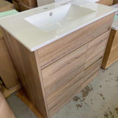 NEW 750MM TIMBER LOOK FLOOR MOUNT VANITY UNIT WITH WHITE CERAMIC TOP NEW 750MM TIMBER LOOK FLOOR MOUNT VANITY UNIT WITH WHITE CERAMIC TOP