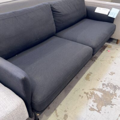 EX STAGING - BLACK FABRIC 2 SEATER COUCH, SOLD AS IS