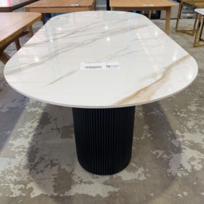 NEW LISBON MARBLE 2200MM DINING TABLE, WITH TIMBER FLUTED BASE, SOLD AS IS NEW LISBON MARBLE 2200MM DINING TABLE, WITH TIMBER FLUTED BASE, SOLD AS IS