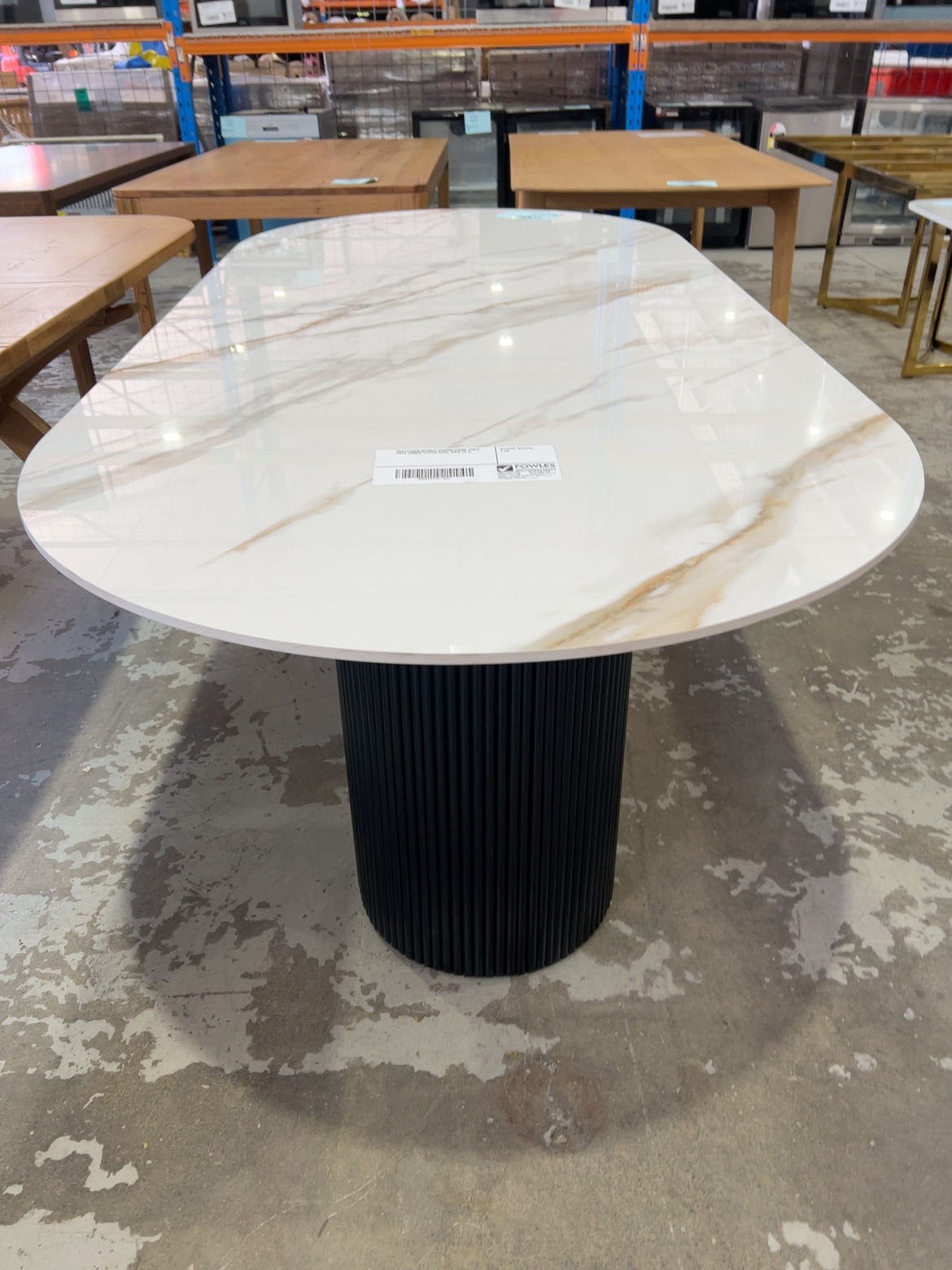 NEW LISBON MARBLE 2200MM DINING TABLE, WITH TIMBER FLUTED BASE, SOLD AS IS NEW LISBON MARBLE 2200MM DINING TABLE, WITH TIMBER FLUTED BASE, SOLD AS IS