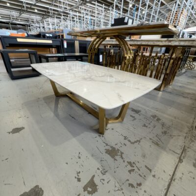 EX SHOWROOM - SIENNA 1300MM MARBLE COFFEE TABLE WITH BRUSHED GOLD BASE EX SHOWROOM - SIENNA 1300MM MARBLE COFFEE TABLE WITH BRUSHED GOLD BASE