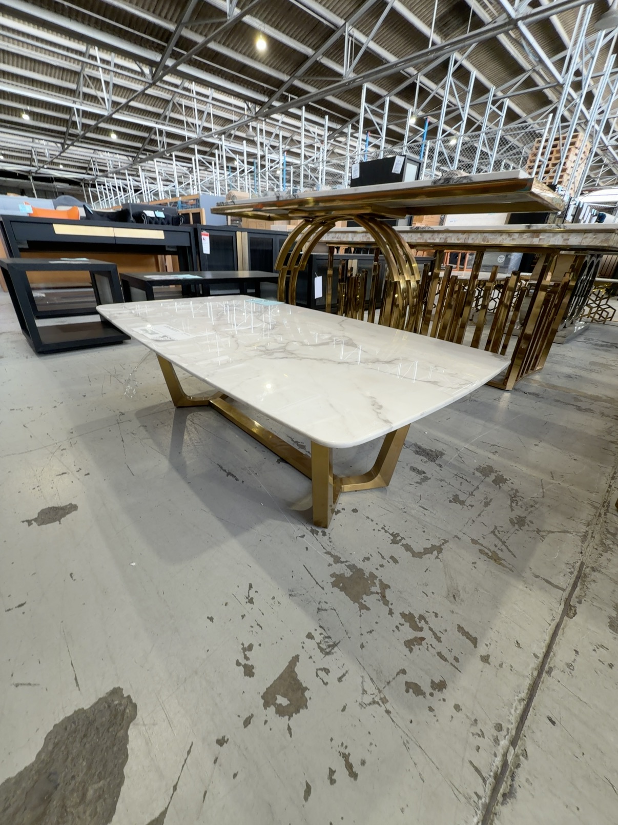 EX SHOWROOM - SIENNA 1300MM MARBLE COFFEE TABLE WITH BRUSHED GOLD BASE EX SHOWROOM - SIENNA 1300MM MARBLE COFFEE TABLE WITH BRUSHED GOLD BASE