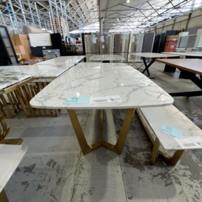 EX SHOWROOM - SIENNA 1800MM MARBLE DINING TABLE WITH BRUSHED GOLD BASE EX SHOWROOM - SIENNA 1800MM MARBLE DINING TABLE WITH BRUSHED GOLD BASE