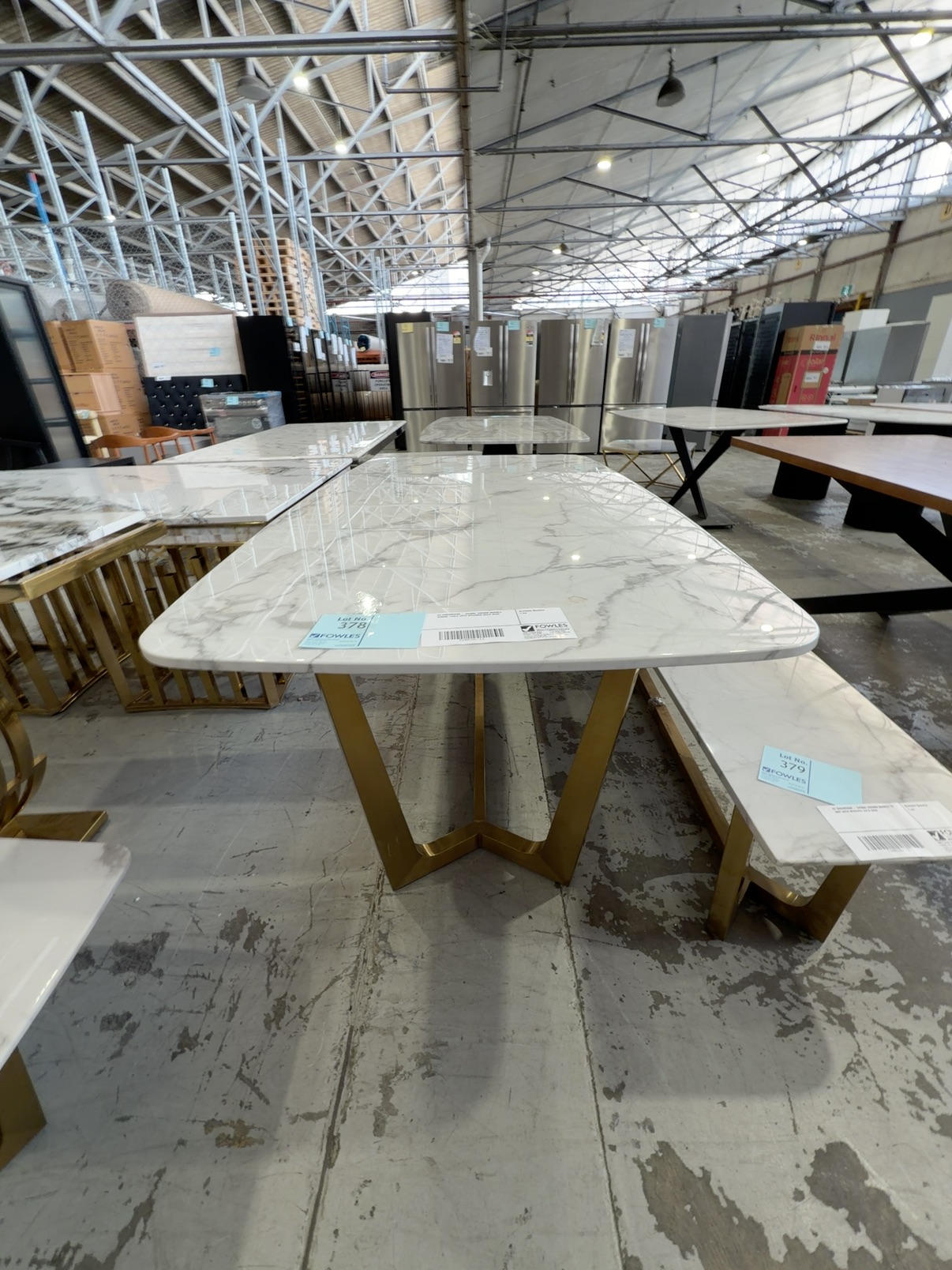 EX SHOWROOM - SIENNA 1800MM MARBLE DINING TABLE WITH BRUSHED GOLD BASE EX SHOWROOM - SIENNA 1800MM MARBLE DINING TABLE WITH BRUSHED GOLD BASE