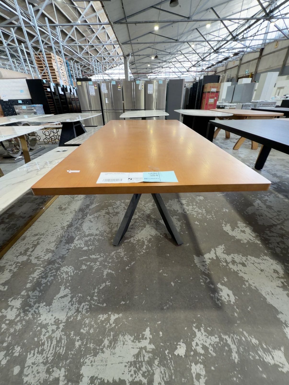 EX SHOWROOM - HOPE 2000MM WOODEN DINING TABLE WITH BLACK METAL CROSSLEG BASE EX SHOWROOM - HOPE 2000MM WOODEN DINING TABLE WITH BLACK METAL CROSSLEG BASE