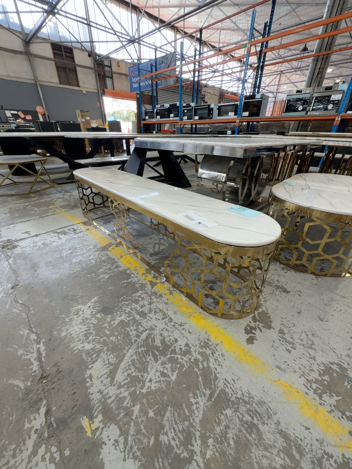 EX SHOWROOM - OLIVIA 2000MM MARBLE TV UNIT, WITH GOLD HONEYCOMB BASE EX SHOWROOM - OLIVIA 2000MM MARBLE TV UNIT, WITH GOLD HONEYCOMB BASE