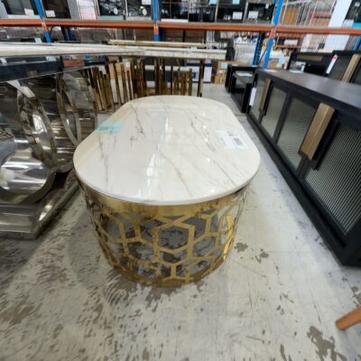EX SHOWROOM - OLIVIA 1300MM MARBLE COFFEE TABLE WITH GOLD HONEYCOMB BASE EX SHOWROOM - OLIVIA 1300MM MARBLE COFFEE TABLE WITH GOLD HONEYCOMB BASE