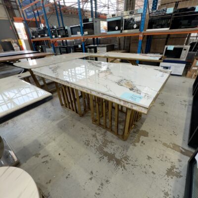 EX SHOWROOM - 1800MM MARBLE DINING TABLE WITH SHELL TRIM, AND GOLD STATEMENT BASE EX SHOWROOM - 1800MM MARBLE DINING TABLE WITH SHELL TRIM, AND GOLD STATEMENT BASE