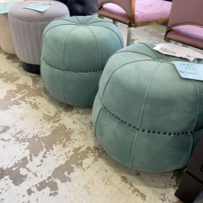 EX HIRE - SMALL MINT GREEN VELVET OTTOMAN WITH STUD DETAIL, SOLD AS IS EX HIRE - SMALL MINT GREEN VELVET OTTOMAN WITH STUD DETAIL, SOLD AS IS