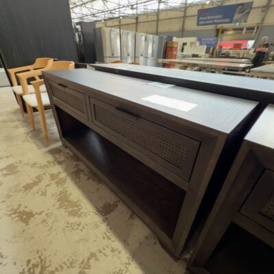 NEW ADLEY 1500MM CONSOLE TABLE, AMERICAN ASH STAINED JAPAN BLACK, HERRINGBONE TOP, RATTAN DRAWERS, SOLD AS IS NEW ADLEY 1500MM CONSOLE TABLE, AMERICAN ASH STAINED JAPAN BLACK, HERRINGBONE TOP, RATTAN DRAWERS, SOLD AS IS