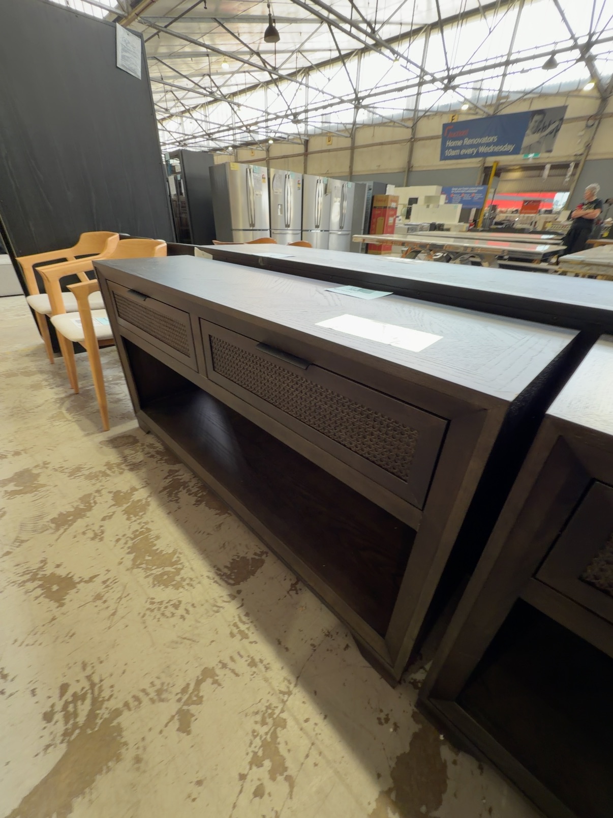 NEW ADLEY 1500MM CONSOLE TABLE, AMERICAN ASH STAINED JAPAN BLACK, HERRINGBONE TOP, RATTAN DRAWERS, SOLD AS IS NEW ADLEY 1500MM CONSOLE TABLE, AMERICAN ASH STAINED JAPAN BLACK, HERRINGBONE TOP, RATTAN DRAWERS, SOLD AS IS