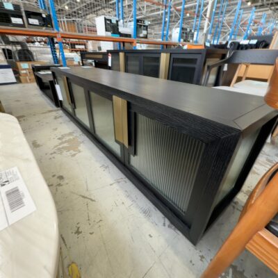 NEW ENZO 2200MM ENTERTAINMENT UNIT, BLACK AMERICAN ASH, FLUTED GLASS DOORS, SOLD AS IS NEW ENZO 2200MM ENTERTAINMENT UNIT, BLACK AMERICAN ASH, FLUTED GLASS DOORS, SOLD AS IS