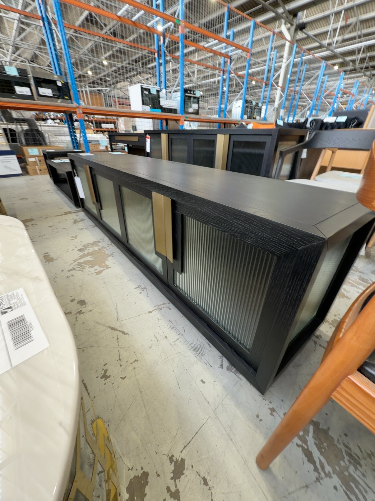 NEW ENZO 2200MM ENTERTAINMENT UNIT, BLACK AMERICAN ASH, FLUTED GLASS DOORS, SOLD AS IS NEW ENZO 2200MM ENTERTAINMENT UNIT, BLACK AMERICAN ASH, FLUTED GLASS DOORS, SOLD AS IS