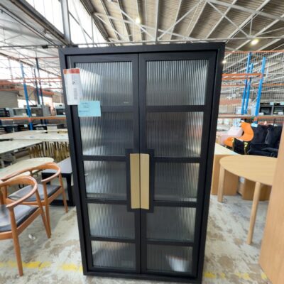 NEW ENZO DISPLAY CABINET 1900MM HIGH X 1050MM WIDE, BLACK AMERICAN ASH, FLUTED GLASS, SOLD AS IS NEW ENZO DISPLAY CABINET 1900MM HIGH X 1050MM WIDE, BLACK AMERICAN ASH, FLUTED GLASS, SOLD AS IS