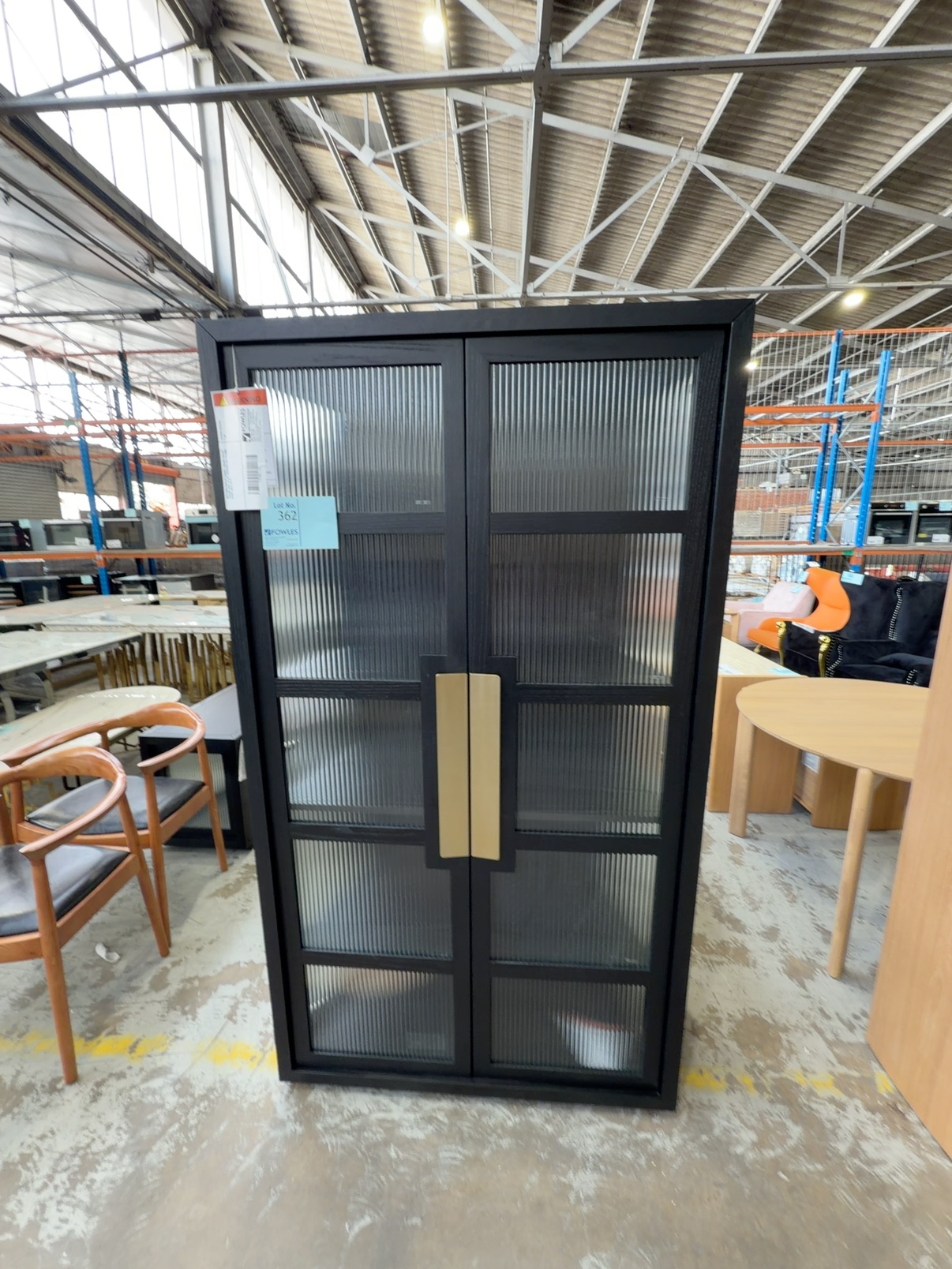 NEW ENZO DISPLAY CABINET 1900MM HIGH X 1050MM WIDE, BLACK AMERICAN ASH, FLUTED GLASS, SOLD AS IS NEW ENZO DISPLAY CABINET 1900MM HIGH X 1050MM WIDE, BLACK AMERICAN ASH, FLUTED GLASS, SOLD AS IS
