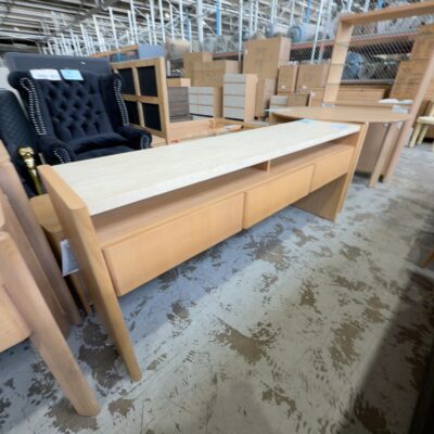 NEW STELLA 1800MM OAK NATURAL CONSOLE TABLE, WITH NATURAL TRAVERTINE TOP, SOLD AS IS NEW STELLA 1800MM OAK NATURAL CONSOLE TABLE, WITH NATURAL TRAVERTINE TOP, SOLD AS IS