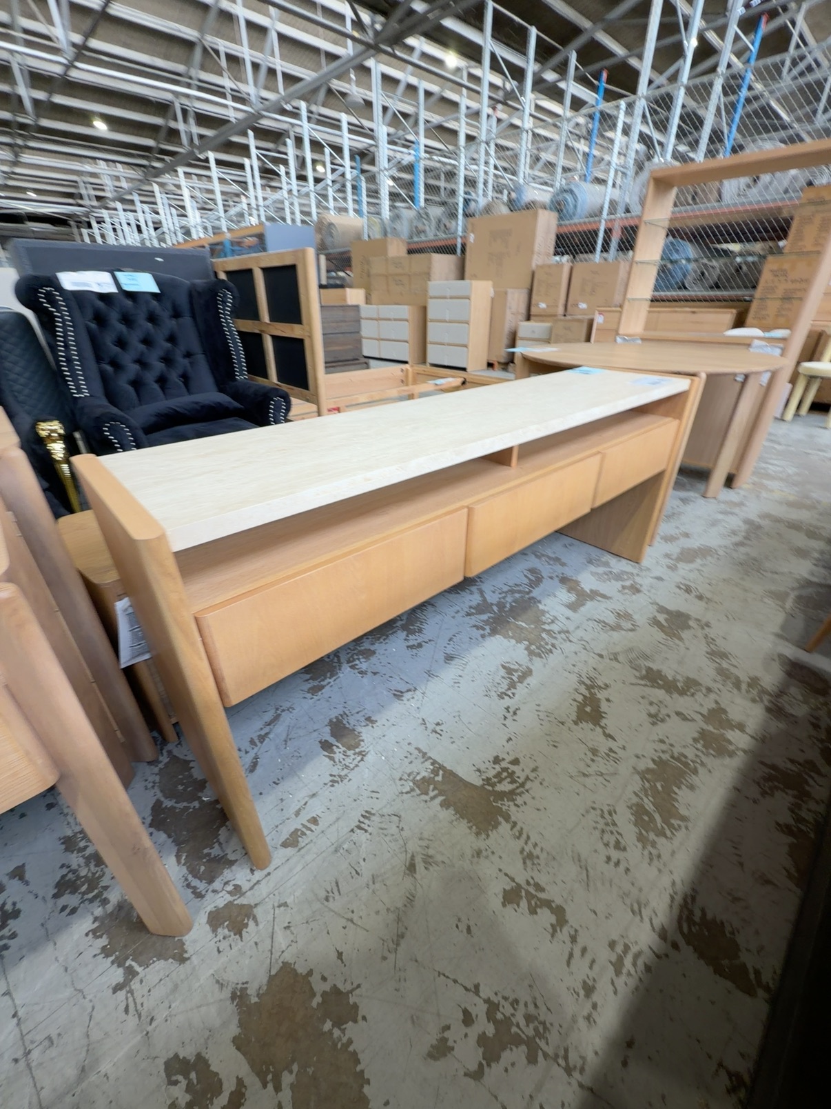 NEW STELLA 1800MM OAK NATURAL CONSOLE TABLE, WITH NATURAL TRAVERTINE TOP, SOLD AS IS NEW STELLA 1800MM OAK NATURAL CONSOLE TABLE, WITH NATURAL TRAVERTINE TOP, SOLD AS IS