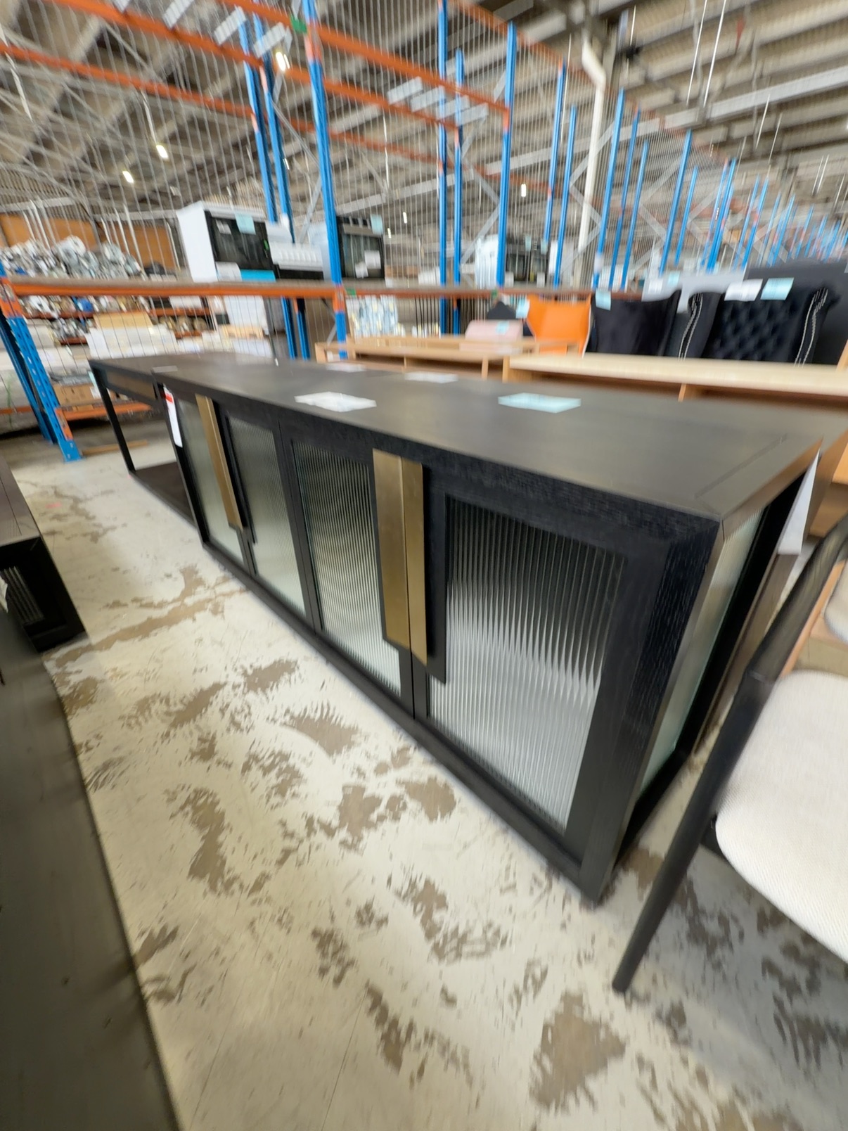 NEW ENZO 2000MM BUFFET, BLACK AMERICAN ASH, FLUTED GLASS DOORS, SOLD AS IS NEW ENZO 2000MM BUFFET, BLACK AMERICAN ASH, FLUTED GLASS DOORS, SOLD AS IS