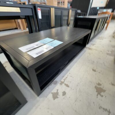 NEW ENZO 1300MM COFFEE TABLE, BLACK AMERICAN ASH TIMBER WITH FLUTED GLASS NEW ENZO 1300MM COFFEE TABLE, BLACK AMERICAN ASH TIMBER WITH FLUTED GLASS