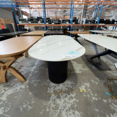 EX SHOWROOM - LISBON 2200MM MARBLE DINING TABLE WITH TIMBER FLUTED CYCLINDER BASE EX SHOWROOM - LISBON 2200MM MARBLE DINING TABLE WITH TIMBER FLUTED CYCLINDER BASE