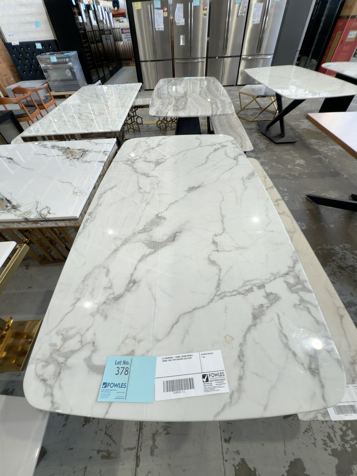 EX SHOWROOM - SIENNA 1800MM MARBLE DINING TABLE WITH BRUSHED GOLD BASE EX SHOWROOM - SIENNA 1800MM MARBLE DINING TABLE WITH BRUSHED GOLD BASE