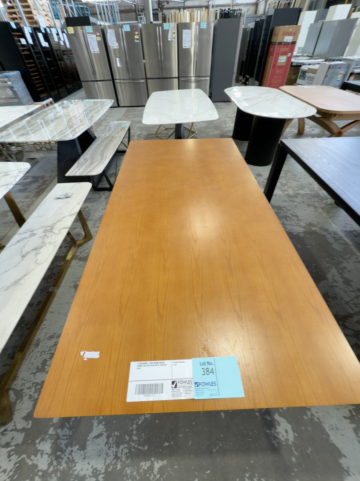 EX SHOWROOM - HOPE 2000MM WOODEN DINING TABLE WITH BLACK METAL CROSSLEG BASE EX SHOWROOM - HOPE 2000MM WOODEN DINING TABLE WITH BLACK METAL CROSSLEG BASE
