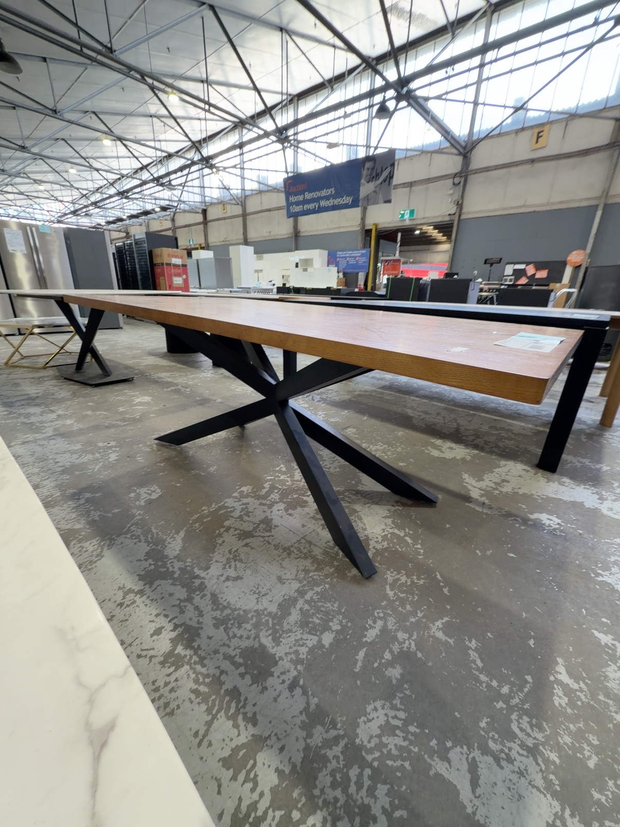 EX SHOWROOM - HOPE 2000MM WOODEN DINING TABLE WITH BLACK METAL CROSSLEG BASE EX SHOWROOM - HOPE 2000MM WOODEN DINING TABLE WITH BLACK METAL CROSSLEG BASE