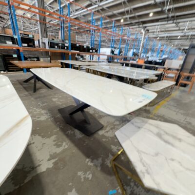 EX SHOWROOM - COVENTRY 2200MM MARBLE DINING TABLE WITH CROSS LEG BLACK METAL BASE EX SHOWROOM - COVENTRY 2200MM MARBLE DINING TABLE WITH CROSS LEG BLACK METAL BASE