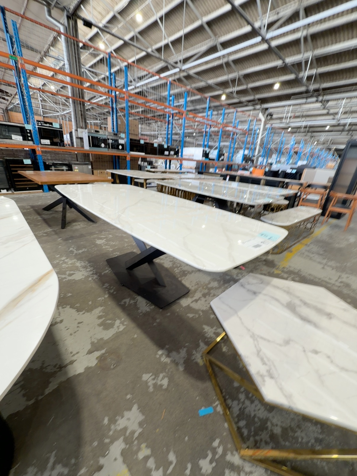 EX SHOWROOM - COVENTRY 2200MM MARBLE DINING TABLE WITH CROSS LEG BLACK METAL BASE EX SHOWROOM - COVENTRY 2200MM MARBLE DINING TABLE WITH CROSS LEG BLACK METAL BASE