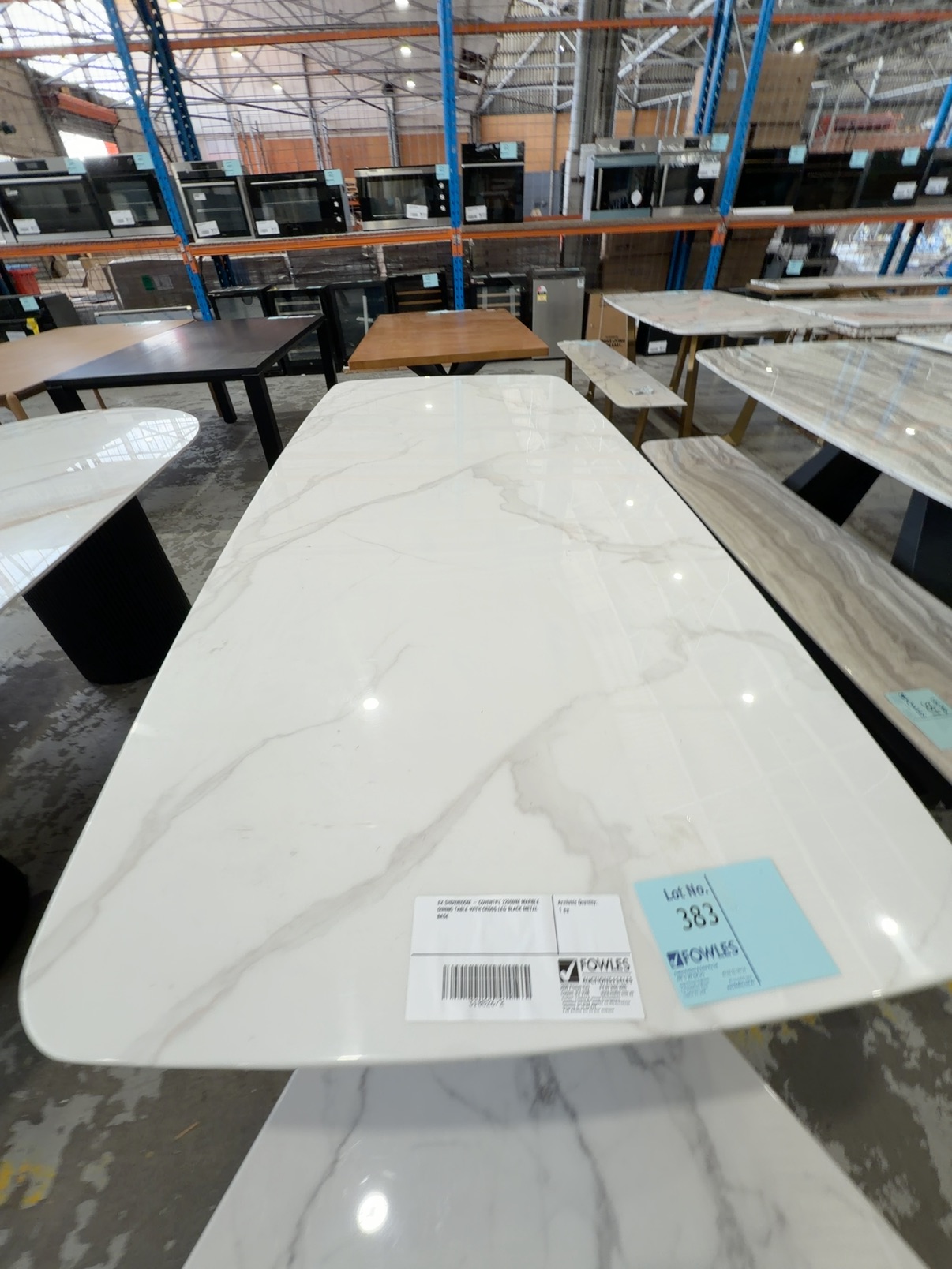 EX SHOWROOM - COVENTRY 2200MM MARBLE DINING TABLE WITH CROSS LEG BLACK METAL BASE EX SHOWROOM - COVENTRY 2200MM MARBLE DINING TABLE WITH CROSS LEG BLACK METAL BASE
