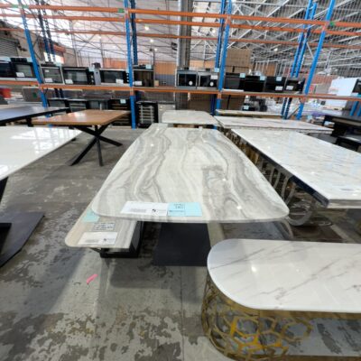EX SHOWROOM - BRIGHTON MARBLE 2000MM DINING TABLE WITH BLACK METAL ANGLED BASE EX SHOWROOM - BRIGHTON MARBLE 2000MM DINING TABLE WITH BLACK METAL ANGLED BASE