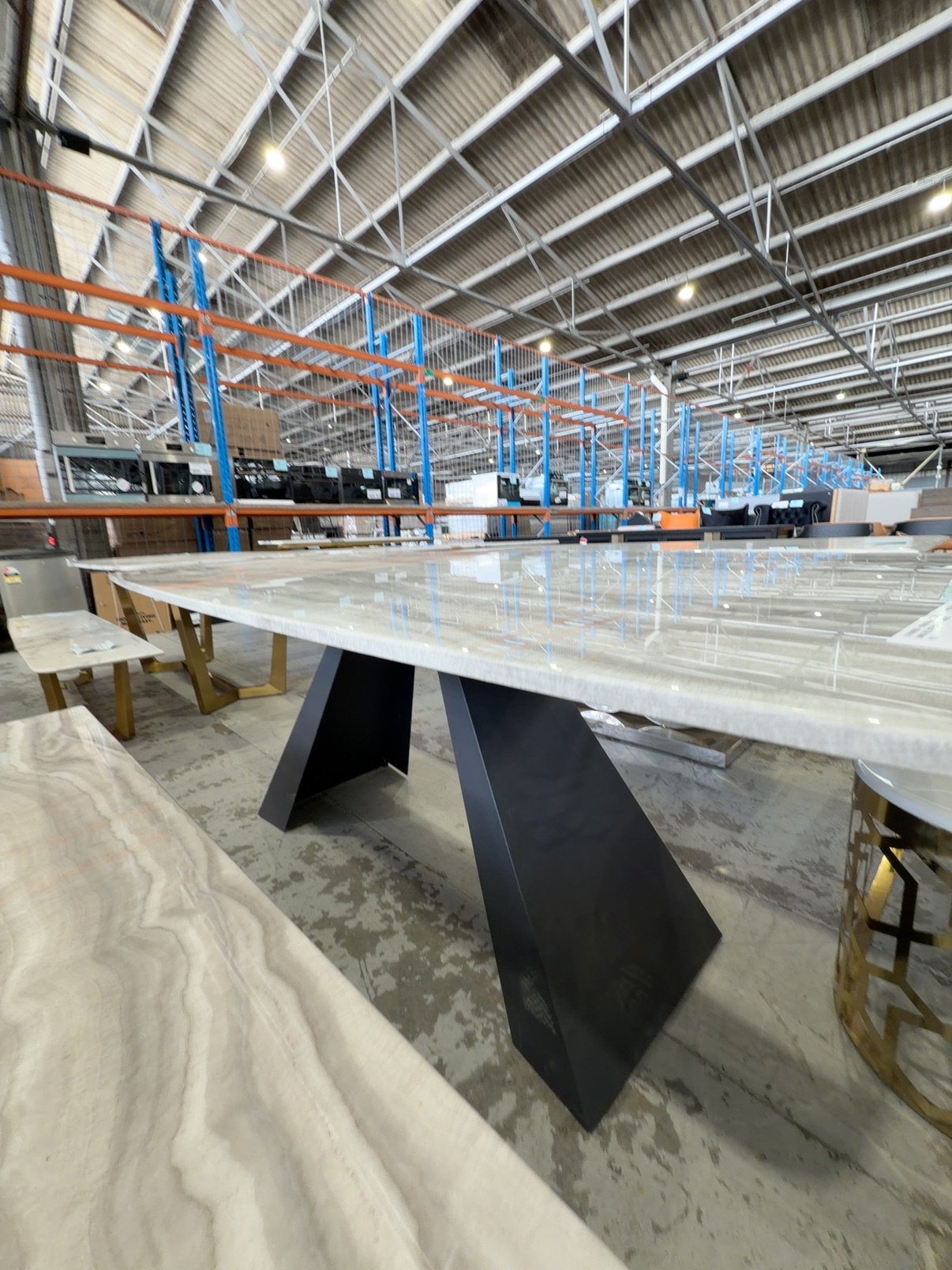 EX SHOWROOM - BRIGHTON MARBLE 2000MM DINING TABLE WITH BLACK METAL ANGLED BASE EX SHOWROOM - BRIGHTON MARBLE 2000MM DINING TABLE WITH BLACK METAL ANGLED BASE