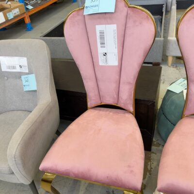 NEW PINK VELVET SCALLOPED BACK DINING CHAIR, GOLD FRAME, SOLD AS IS