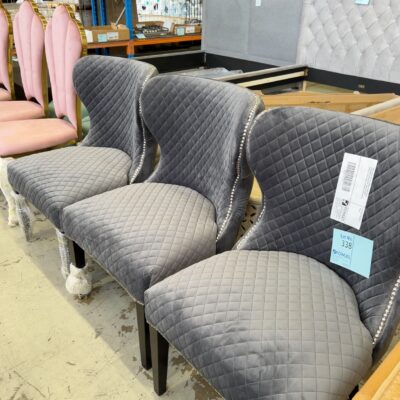 NEW GREY VELVET DINING CHAIR WITH DIAMOND UPHOLSTERY AND BUTTON UPHOLSTERED BACK, CHROME STUD DETAIL NEW GREY VELVET DINING CHAIR WITH DIAMOND UPHOLSTERY AND BUTTON UPHOLSTERED BACK, CHROME STUD DETAIL
