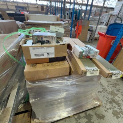 PALLET OF ASSORTED TOILET PANS, DOOR HARDWARE, TOWEL RAILS, ETC SOLD AS IS NO WARRANTY