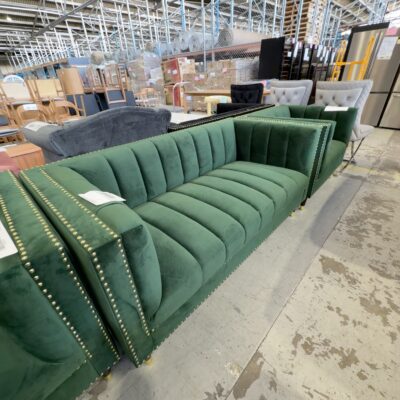 NEW MALBEC VELVET GREEN 3 SEAT SOFA, WITH STUD DETAIL