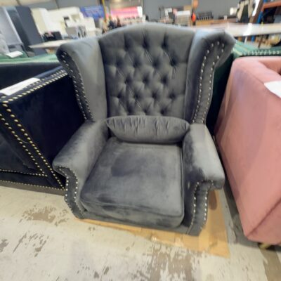 NEW LUXE DARK GREY VELVET WINGBACK ARMCHAIR WITH STUD DETAIL (NO LEGS PROVIDED, SOLD AS IS)