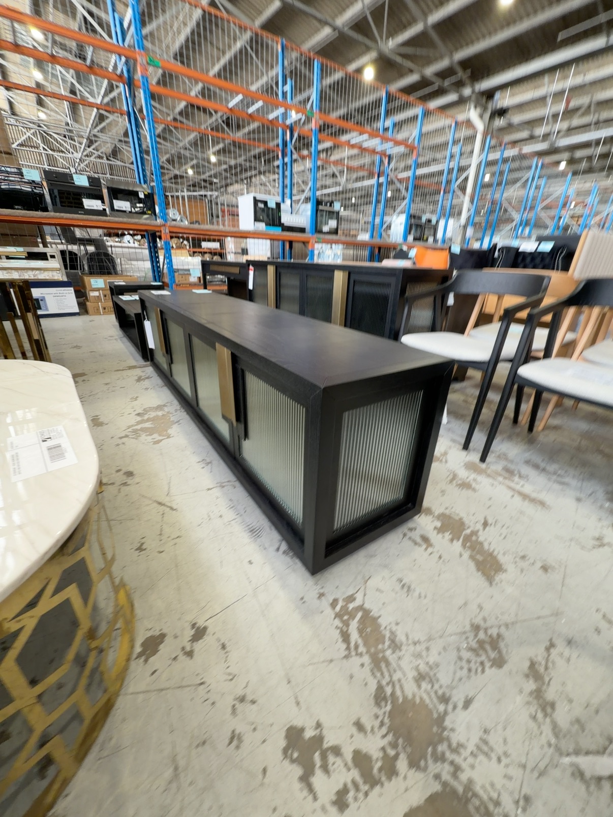 NEW ENZO 2200MM ENTERTAINMENT UNIT, BLACK AMERICAN ASH, FLUTED GLASS DOORS, SOLD AS IS NEW ENZO 2200MM ENTERTAINMENT UNIT, BLACK AMERICAN ASH, FLUTED GLASS DOORS, SOLD AS IS
