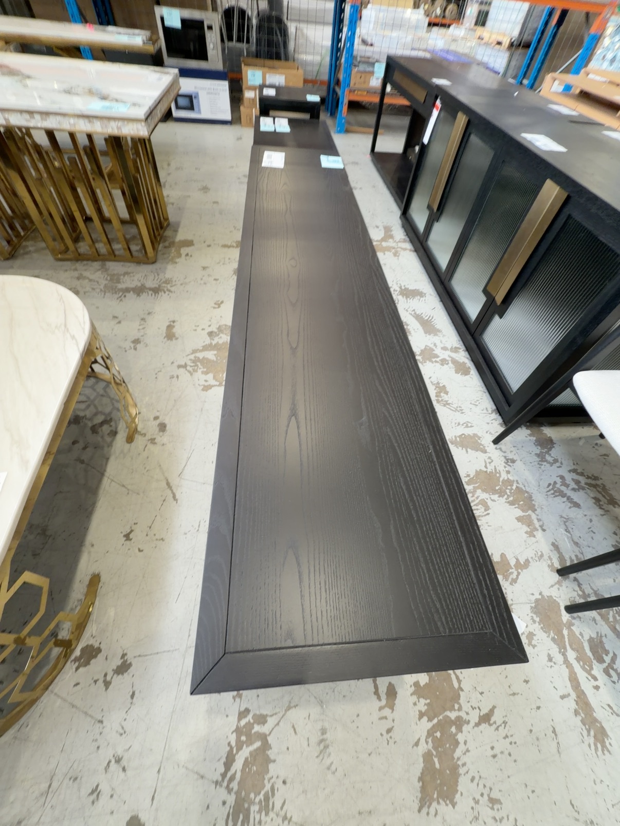 NEW ENZO 2200MM ENTERTAINMENT UNIT, BLACK AMERICAN ASH, FLUTED GLASS DOORS, SOLD AS IS NEW ENZO 2200MM ENTERTAINMENT UNIT, BLACK AMERICAN ASH, FLUTED GLASS DOORS, SOLD AS IS