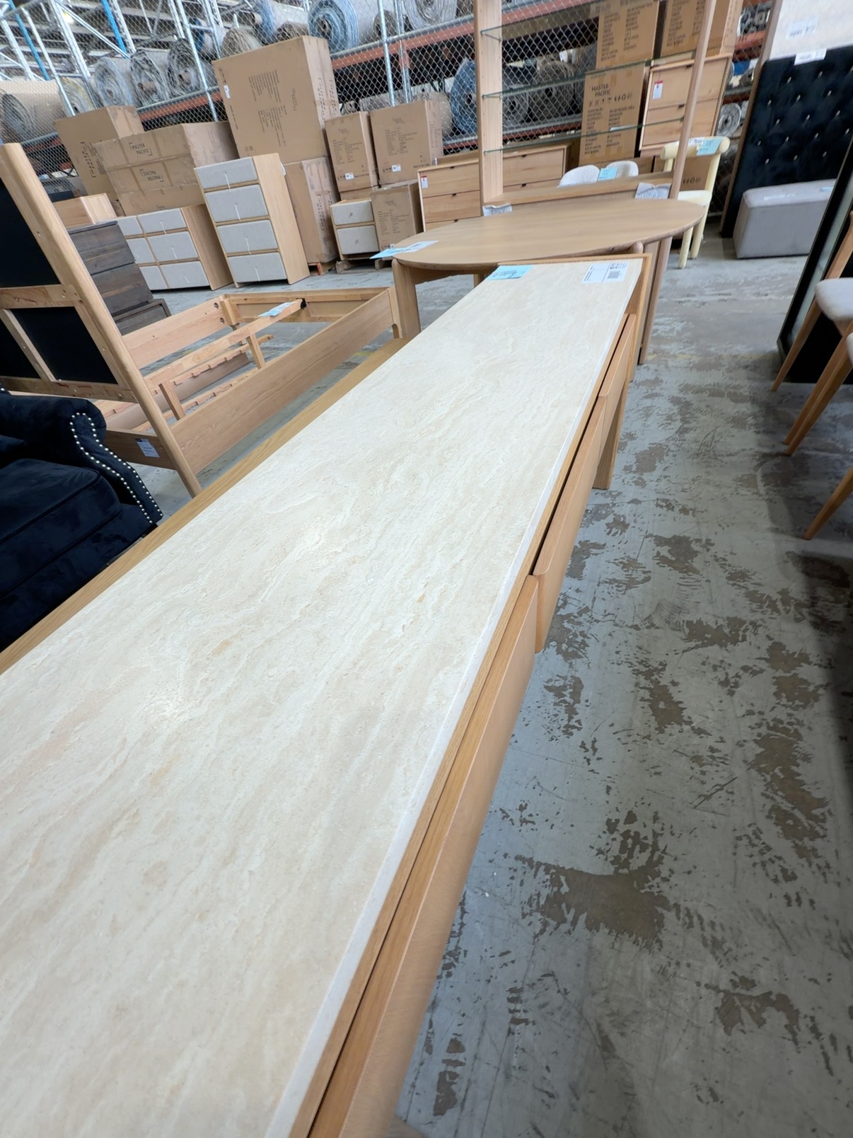 NEW STELLA 1800MM OAK NATURAL CONSOLE TABLE, WITH NATURAL TRAVERTINE TOP, SOLD AS IS NEW STELLA 1800MM OAK NATURAL CONSOLE TABLE, WITH NATURAL TRAVERTINE TOP, SOLD AS IS
