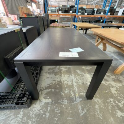 NEW VANTA BLACK AMERICAN ASH EXTENSION DINING TABLE, 2200MM - 3200MM, SLEEK DESIGN WITH ANGLED BORDER EDGE, SPLIT TOP EXTENSION MECHANISM, SOLD AS IS **VERY HEAVY TABLE**
