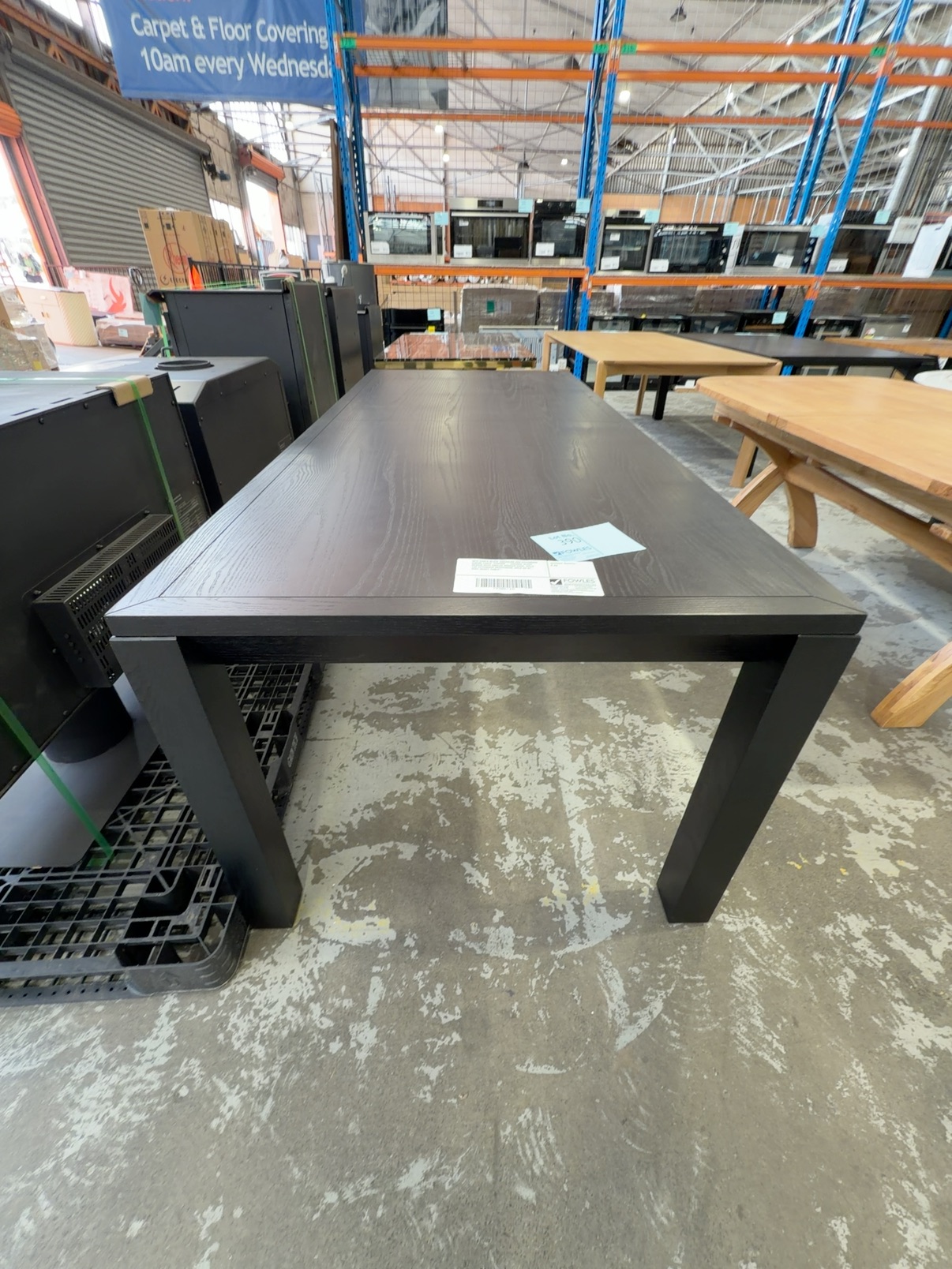 NEW VANTA BLACK AMERICAN ASH EXTENSION DINING TABLE, 2200MM - 3200MM, SLEEK DESIGN WITH ANGLED BORDER EDGE, SPLIT TOP EXTENSION MECHANISM, SOLD AS IS **VERY HEAVY TABLE** NEW VANTA BLACK AMERICAN ASH EXTENSION DINING TABLE, 2200MM - 3200MM, SLEEK DESIGN WITH ANGLED BORDER EDGE, SPLIT TOP EXTENSION MECHANISM, SOLD AS IS **VERY HEAVY TABLE**